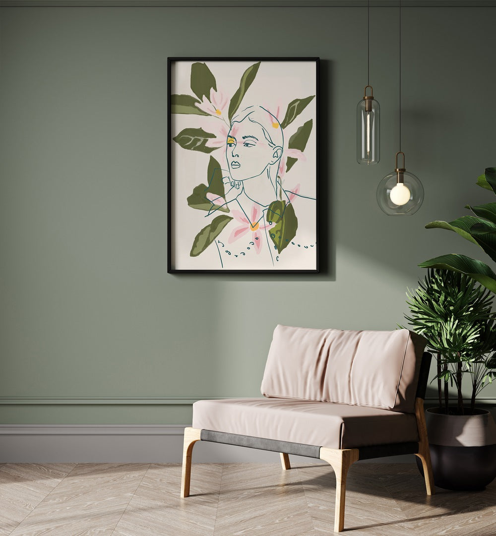 Elegant FLORAL REFLECTION, PORTRAITS artwork showcasing delicate blooms and human form in a modern setting.