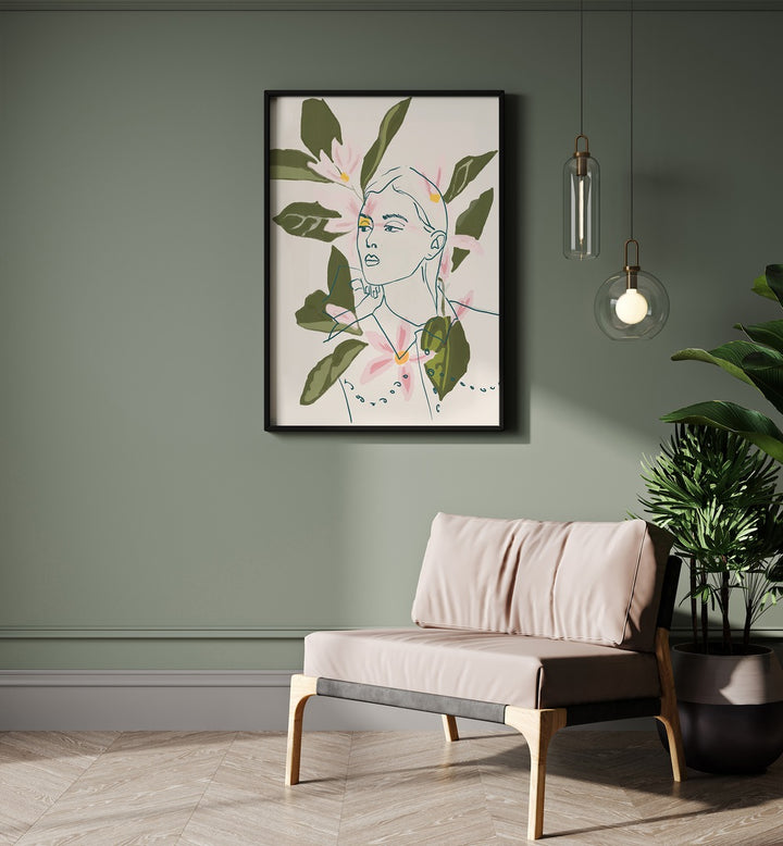 Elegant FLORAL REFLECTION, PORTRAITS artwork showcasing delicate blooms and human form in a modern setting.