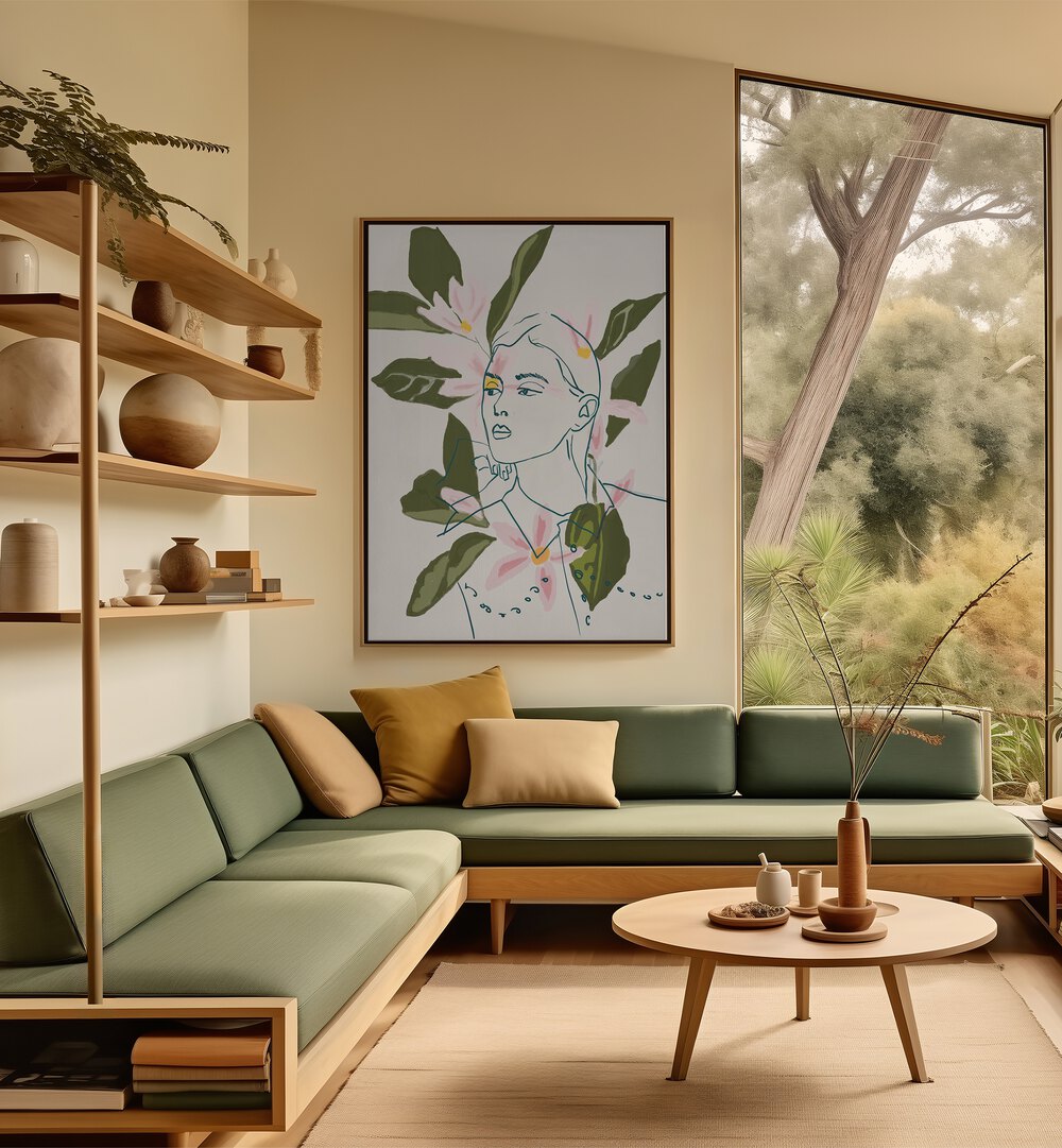 Elegant FLORAL REFLECTION, PORTRAITS artwork showcasing delicate flowers intertwined with human forms in a stylish setting.