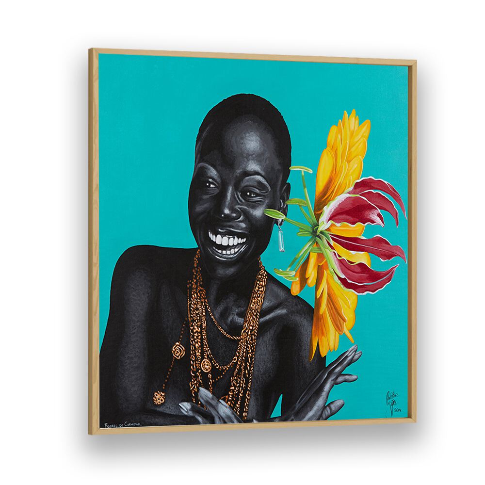 Flores Do Carnaval By Christian Beijer , African Art in Oak Wood Plain Frame