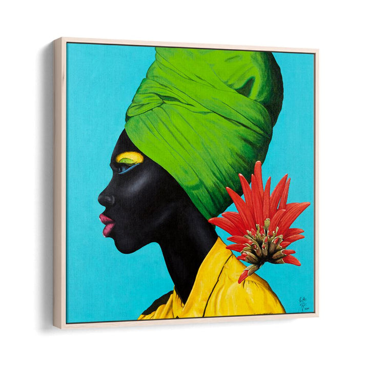 Flores Naturais By Christian Beijer African Woman Painting Art  in Oak Wood Floater Frame