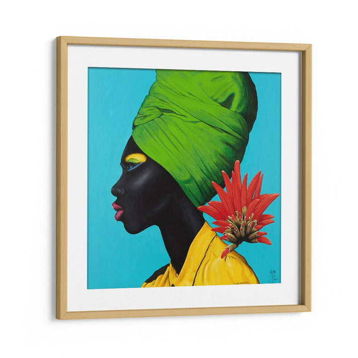 Flores Naturais By Christian Beijer African Woman Painting Art  in Oak Wood Frame With Mount