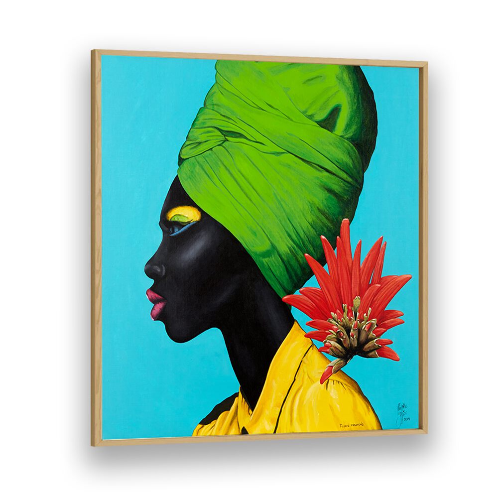 Flores Naturais By Christian Beijer African Woman Painting Art  in Oak Wood Plain Frame