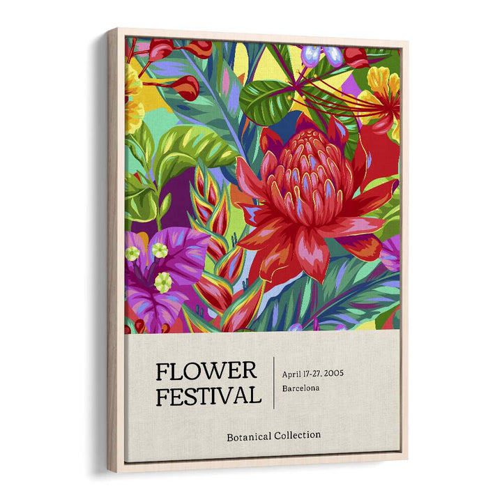 Flower Festival Botanical Flower Paintings Artwork in Oak Wood Floater Frame