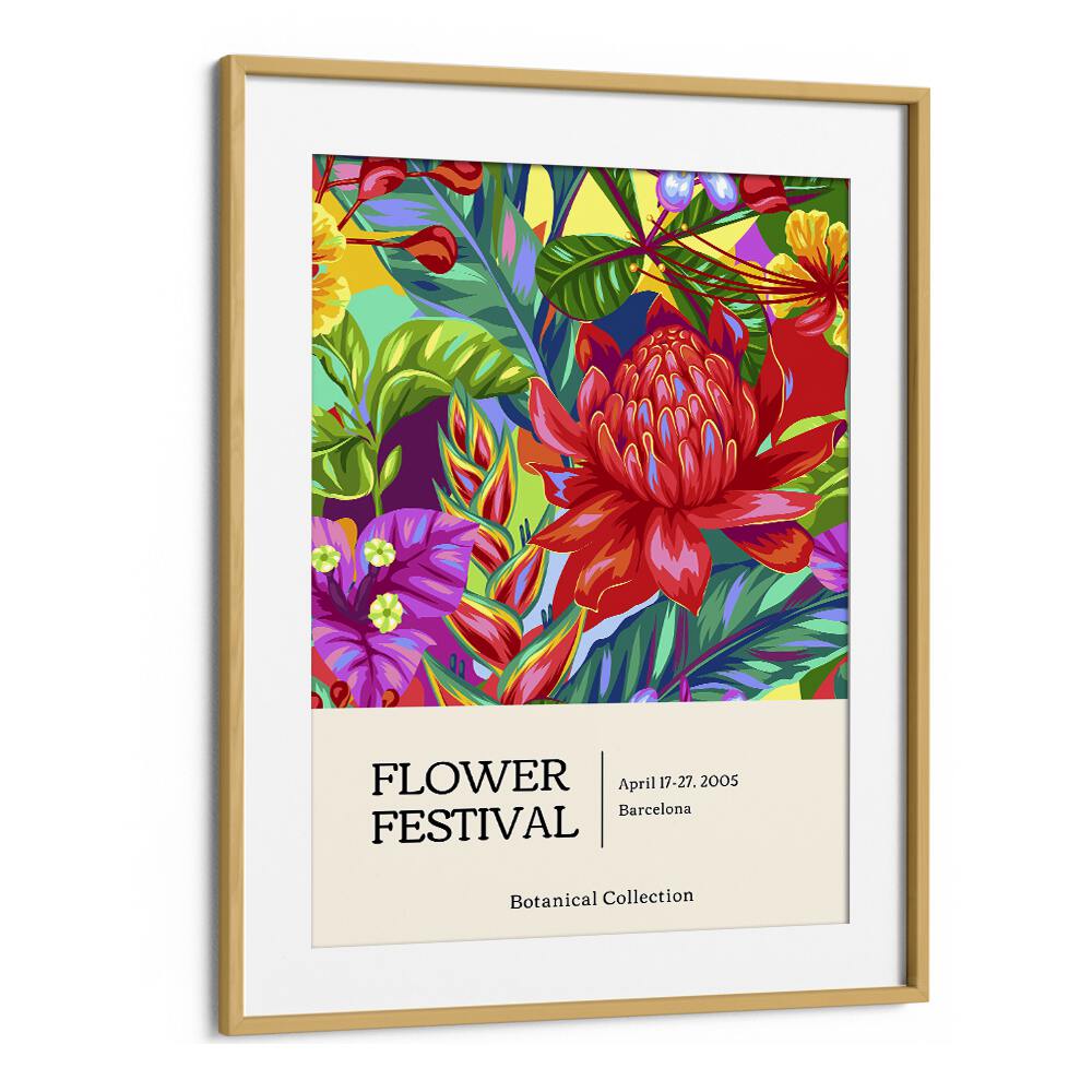 Flower Festival Botanical Flower Paintings Artwork in Oak Wood Frame With Mount