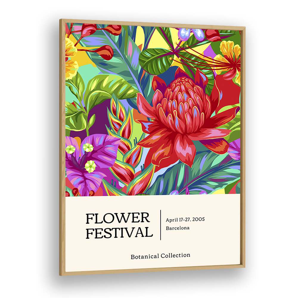 Flower Festival  Botanical Flower Paintings Artwork in Oak Wood Plain Frame