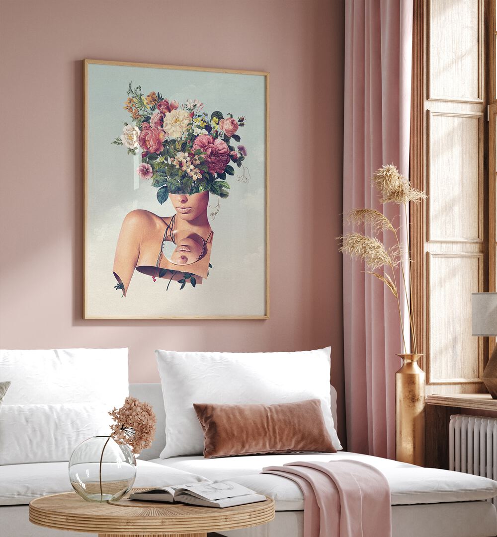 Flower Ism Surreal Art Painting Artwork in oakwood plain frame on a pink wall for bedroom