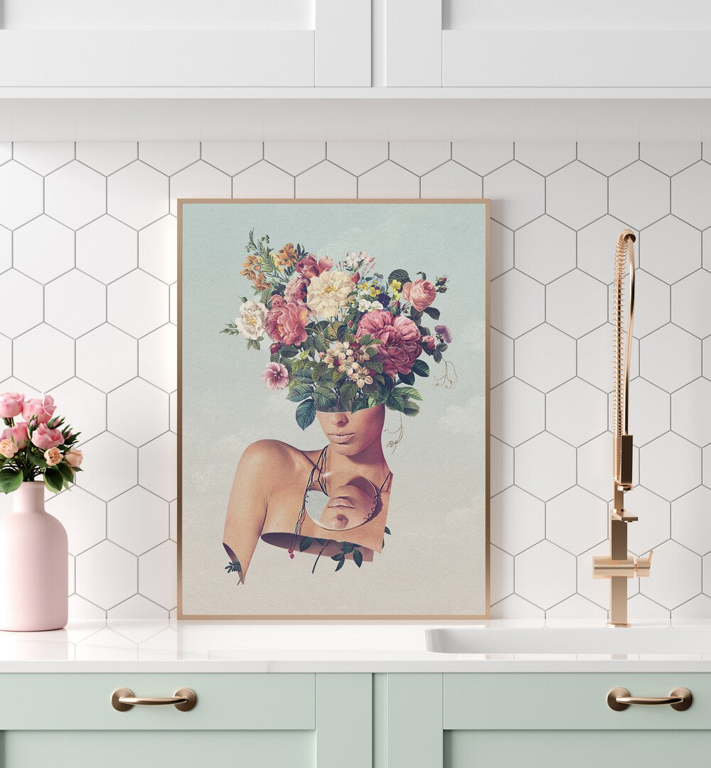 Flower Ism Surreal Art Painting Artwork in plain golden frame on kitchen counter beside a flower pot