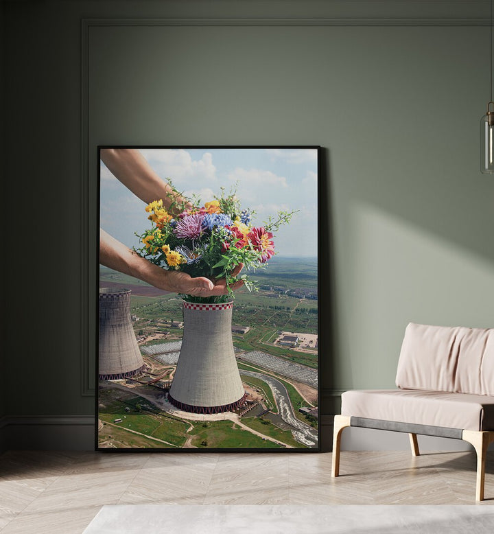 Flower Plant Surreal Art Painting Artwork in plain black frame on the floor beside a beige sofa 