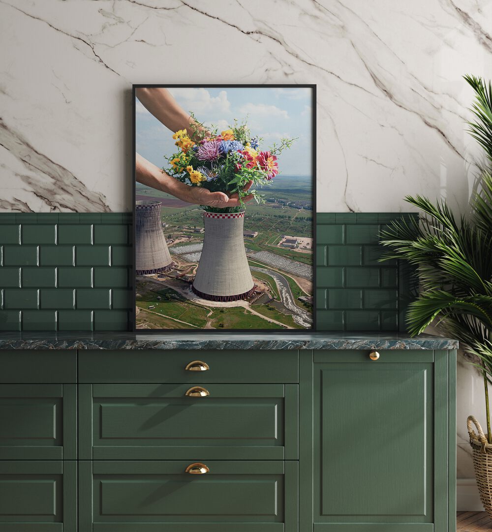 Flower Plant Surreal Art Painting Artwork in plain black frame on a kitchen counter beside a plant
