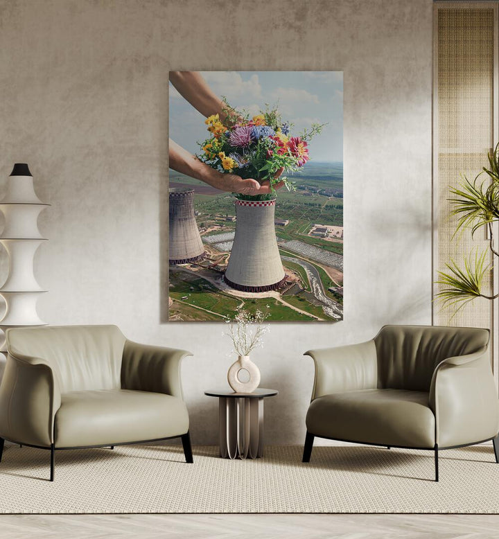 Flower Plant Surreal Art Painting Artwork in gallery wrap on a beige wall behind two sofa