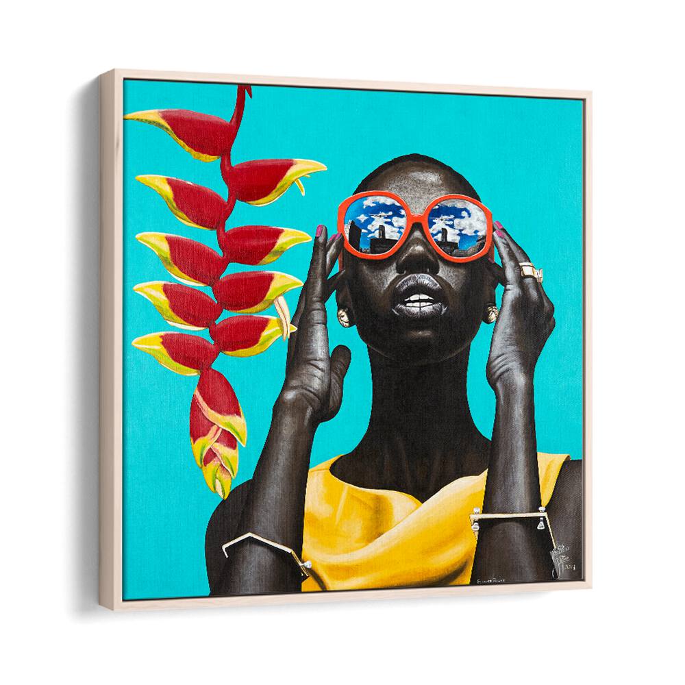 Flower Power By Christian Beijer African Art in Oak Wood Floater Frame
