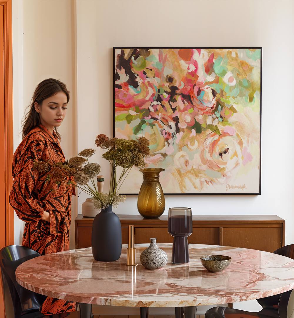 Vibrant FLOWER ABSTRACT painting enhancing a stylish interior, perfect for lovers of ABSTRACT PAINTINGS.