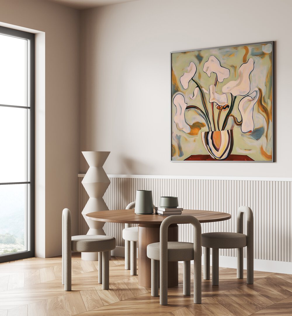 Stylish dining area featuring the FLOWERPOT ABSTRACT, a modern planter enhancing artistic home decor.