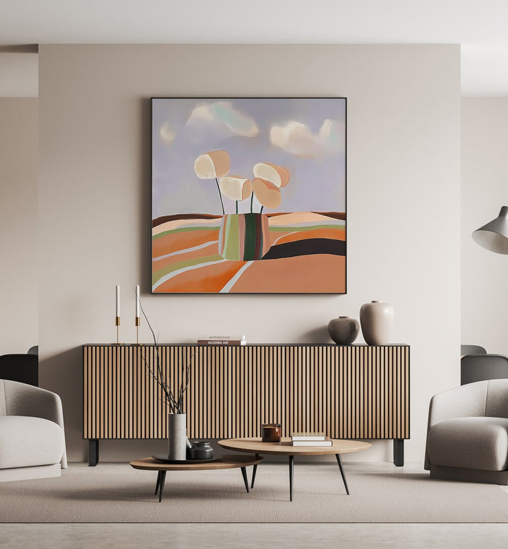 Modern living room featuring the FLOWER POT ABSTRACT III, a unique decorative pot for stylish plant display.