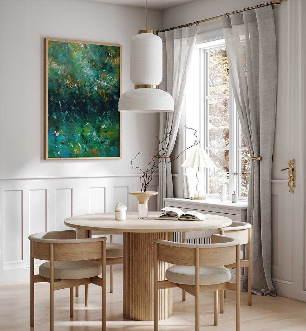 Vibrant FLOWERS, ABSTRACT PAINTINGS transforming a modern dining space with captivating design and colors.