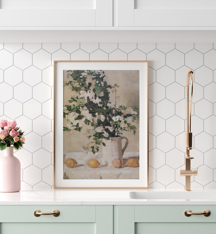 Flowers And Lemons Vintage Art Painting Artwork in golden frame with mount on kitchen counter beside a flower pot for kitchen