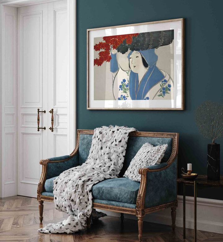 Flowers Of A Hundred Generations (1909) Japanese Art Artwork in Oak Wood Plain Frame in the Living Room