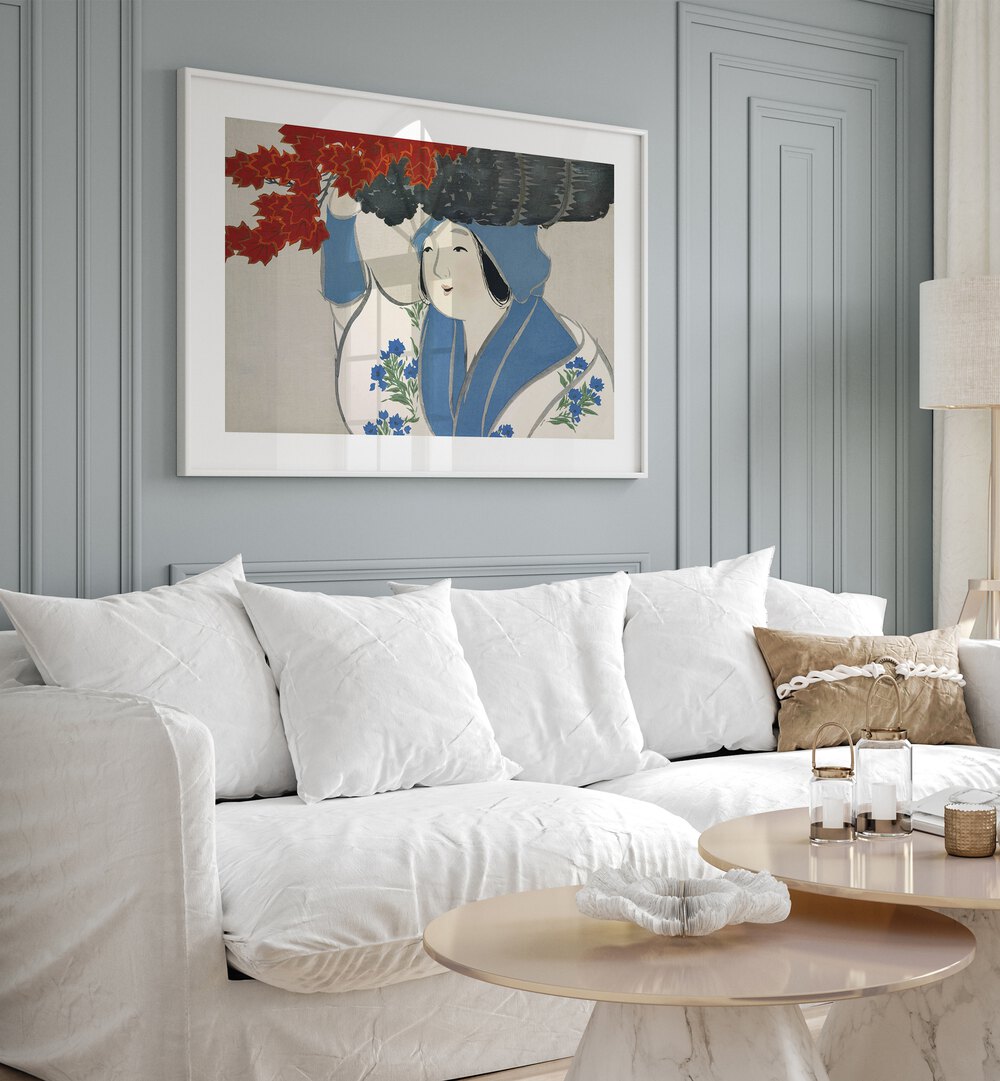 Flowers Of A Hundred Generations (1909) Japanese Art Artwork in White Plain Frame
near a White Sofa in the Living Room