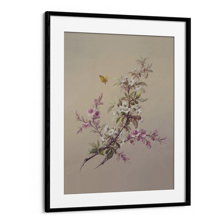 Flowers & Butterflies Botanical Flower Paintings Artwork  in Black Frame With Mount