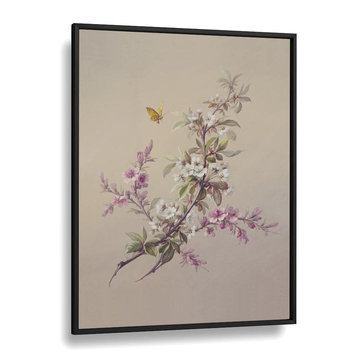 Flowers & Butterflies Botanical Flower Paintings Artwork  in Black Plain Frame