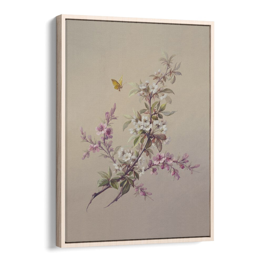 Flowers & Butterflies Botanical Flower Paintings Artwork in Oak Wood Floater Frame