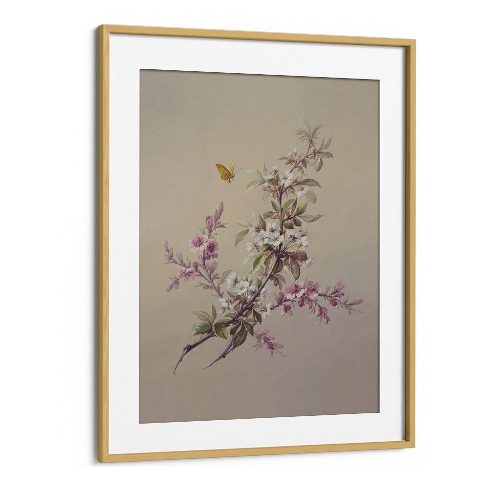 Flowers & Butterflies Botanical Flower Paintings Artwork in Oak Wood Frame With Mount