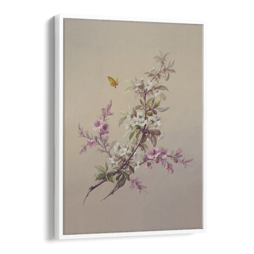 Flowers & Butterflies Botanical Flower Paintings Artwork  in White Floater Frame