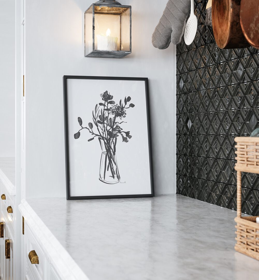 Beautifully framed FLOWERS II, FLORAL FLOWER PAINTINGS enhancing a stylish kitchen decor with vibrant floral art.