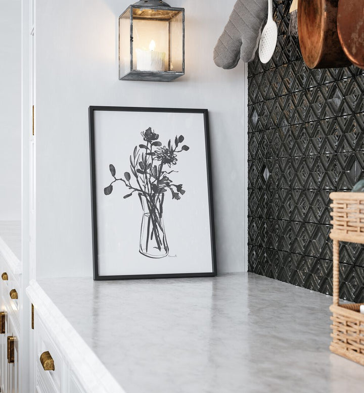 Beautifully framed FLOWERS II, FLORAL FLOWER PAINTINGS enhancing a stylish kitchen decor with vibrant floral art.