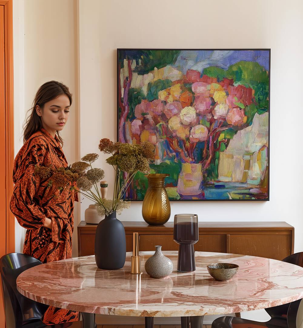 Elegant FLOWERS IN A VASE MALLORCA enhance a stylish table setting, bringing vibrant beauty to any living space.