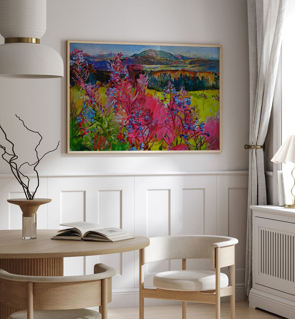 Vibrant FLOWERS IN THE MOUNTAINS landscape paintings showcasing wildflowers against majestic peaks, perfect for nature lovers.