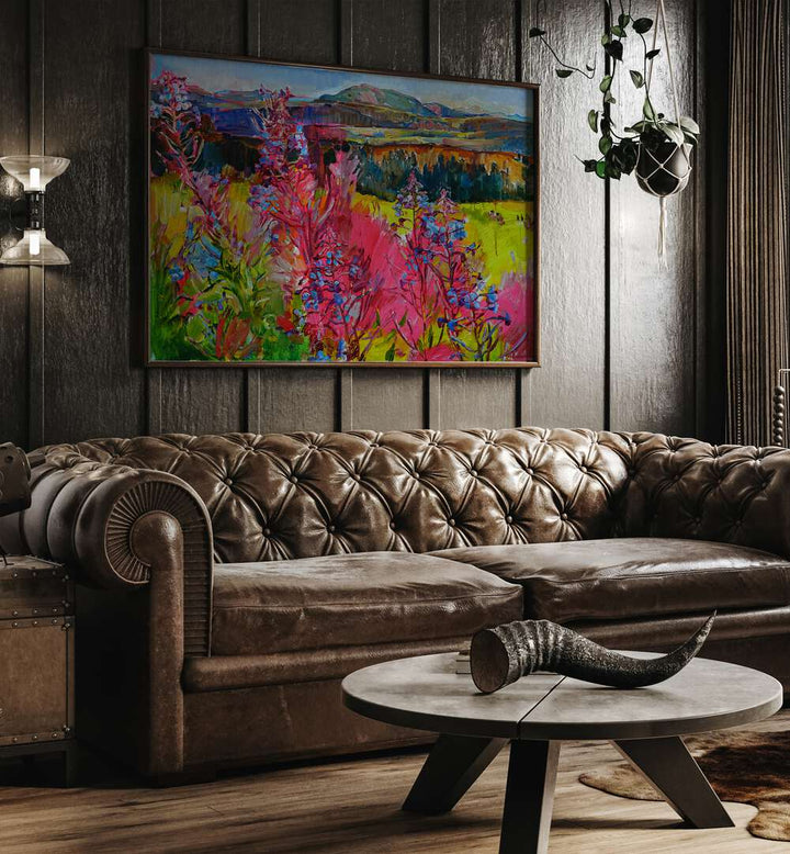 Vibrant FLOWERS IN THE MOUNTAINS, LANDSCAPE PAINTINGS adding a serene touch to modern decor in a cozy living room.