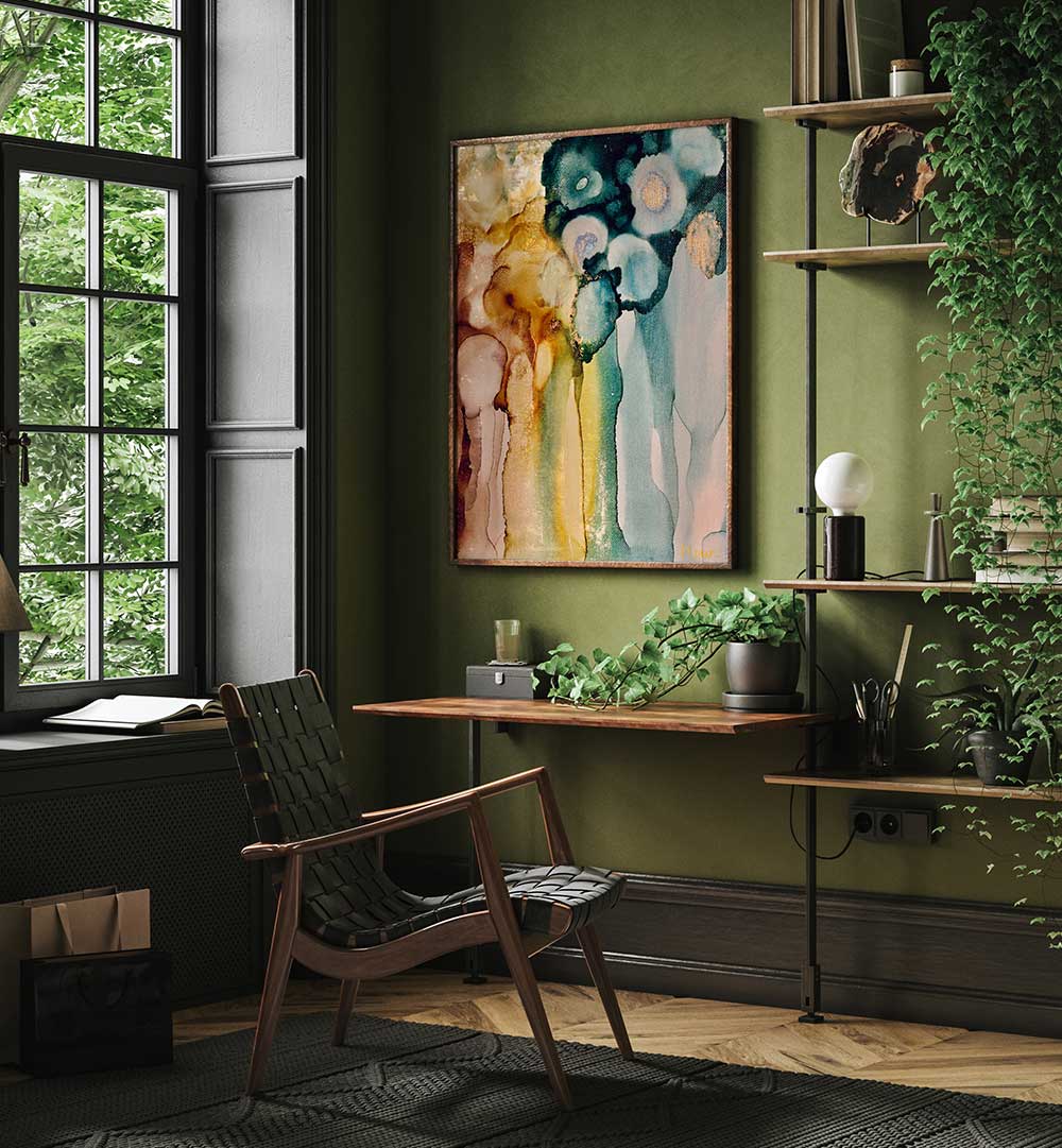 Stylish interior featuring FLOWING FROM GRACE, ABSTRACT PAINTINGS that add vibrant artistry to your space.