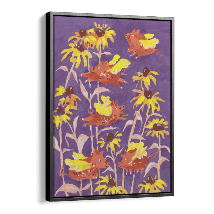 Flying Piglets By Ania Zwara Botanical Flower Paintings Artwork  in Black Floater Frame