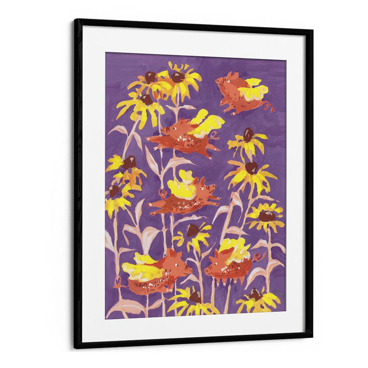 Flying Piglets By Ania Zwara Botanical Flower Paintings Artwork  in Black Frame With Mount