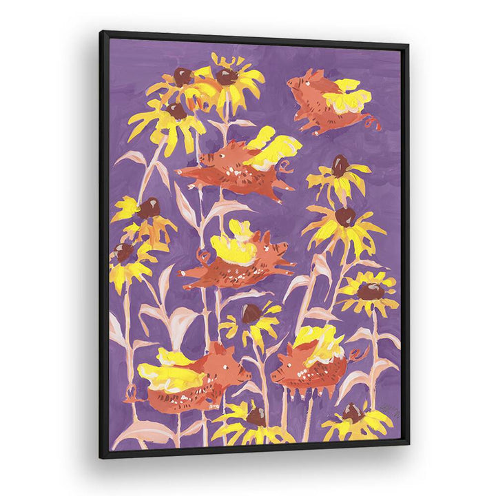 Flying Piglets By Ania Zwara Botanical Flower Paintings Artwork  in Black Plain Frame