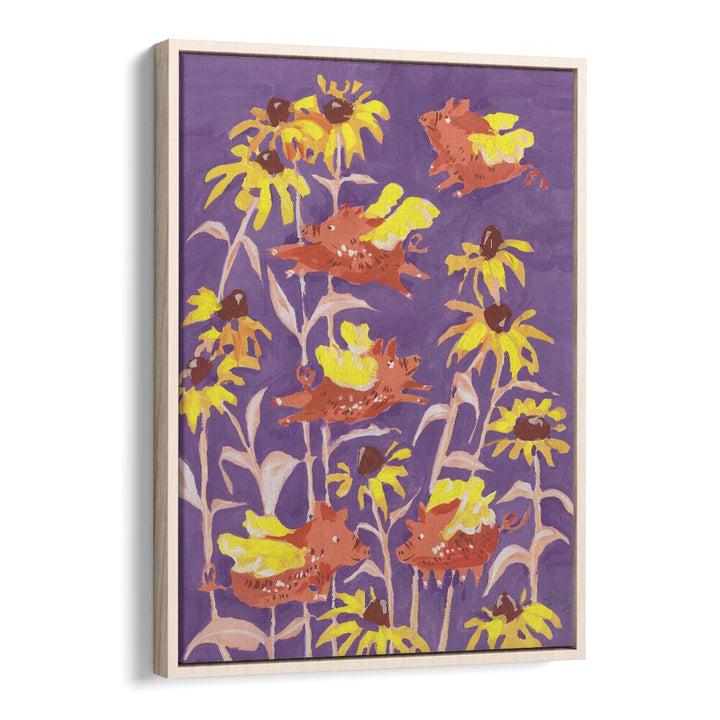 Flying Piglets By Ania Zwara Botanical Flower Paintings Artwork in Oak Wood Floater Frame