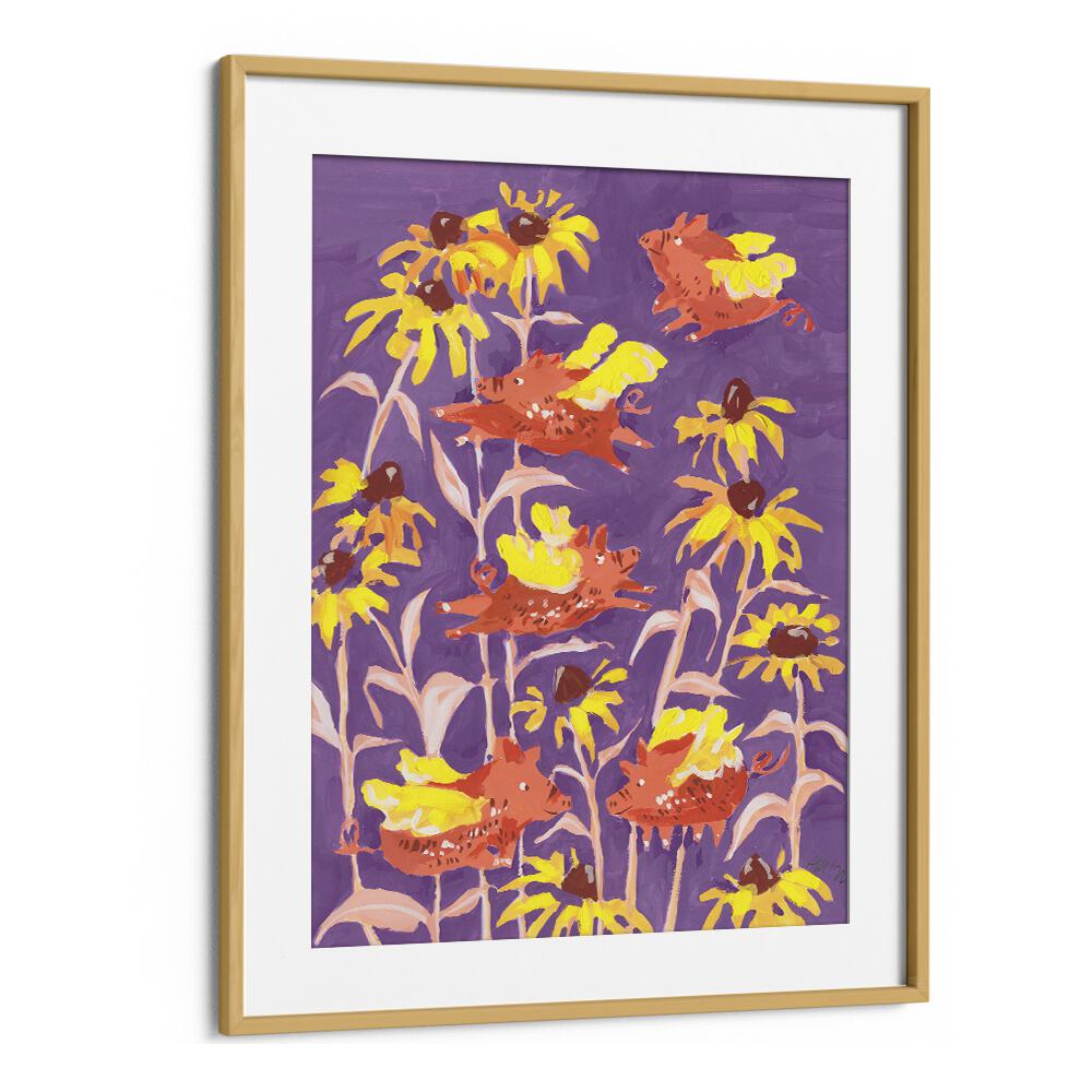 Flying Piglets By Ania Zwara Botanical Flower Paintings Artwork in Oak Wood Frame With Mount