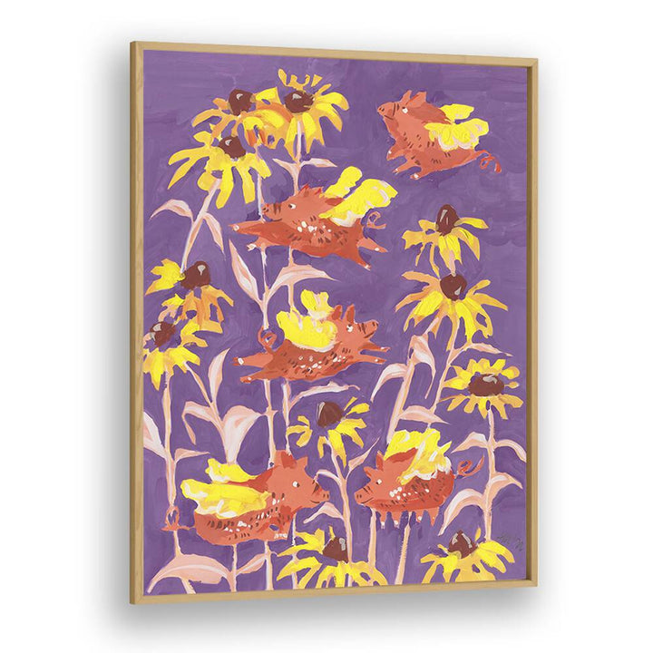 Flying Piglets By Ania Zwara Botanical Flower Paintings Artwork in Oak Wood Plain Frame