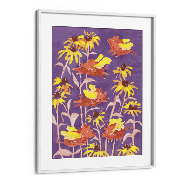 Flying Piglets By Ania Zwara Botanical Flower Paintings Artwork  in White frame With Mount