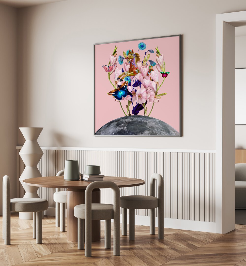 Whimsical FLYING HORSE OVER THE MOON, SURREAL ART PRINTS adding magic to any space with enchanting design.