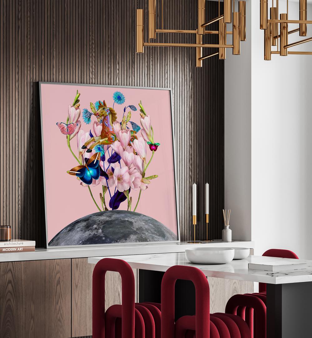 Surreal art print featuring a flying horse over the moon, perfect for elevating your space with whimsical beauty.