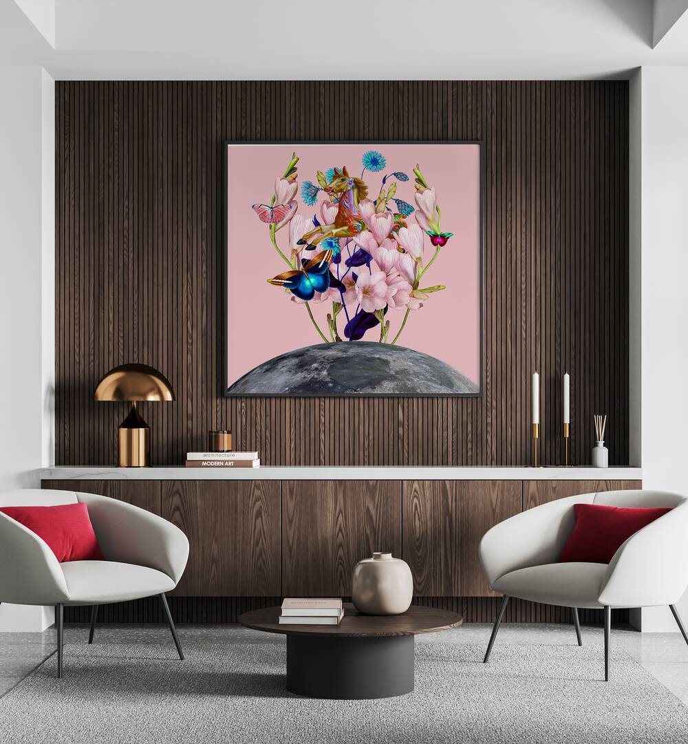FLYING HORSE OVER THE MOON, SURREAL ART PRINTS bring whimsical adventure to your space with enchanting design.