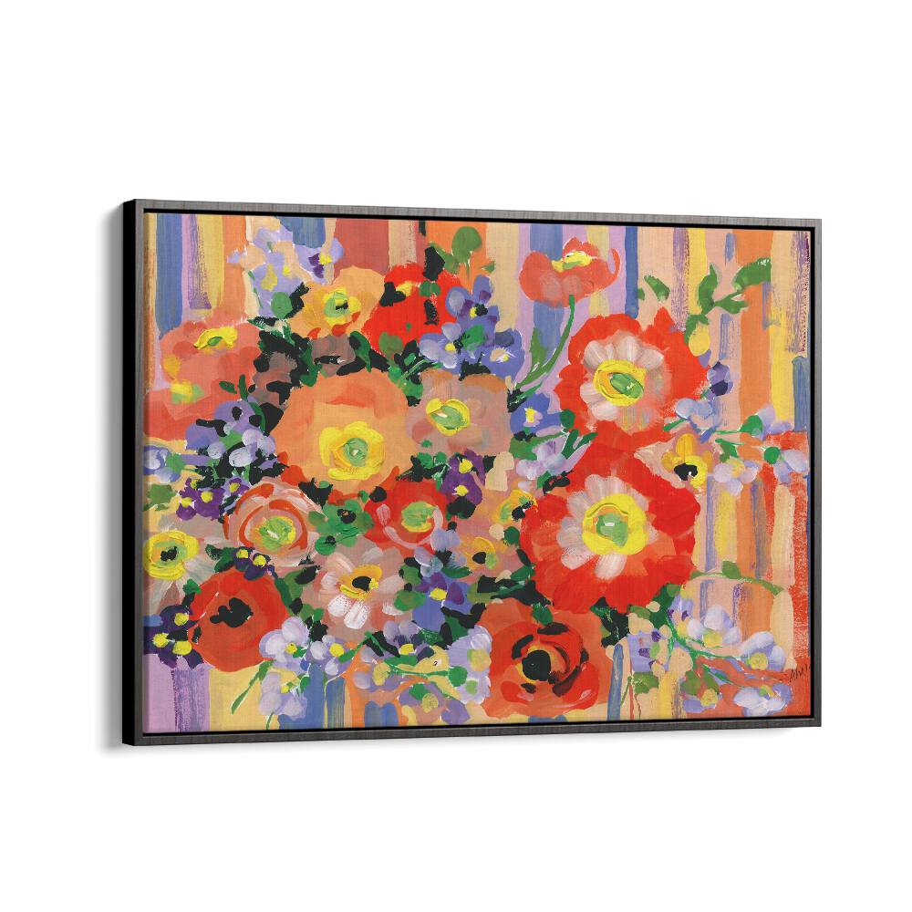 Folk Bouquet By Ania Zwara Botanical art painting Artwork  in Black Floater Frame