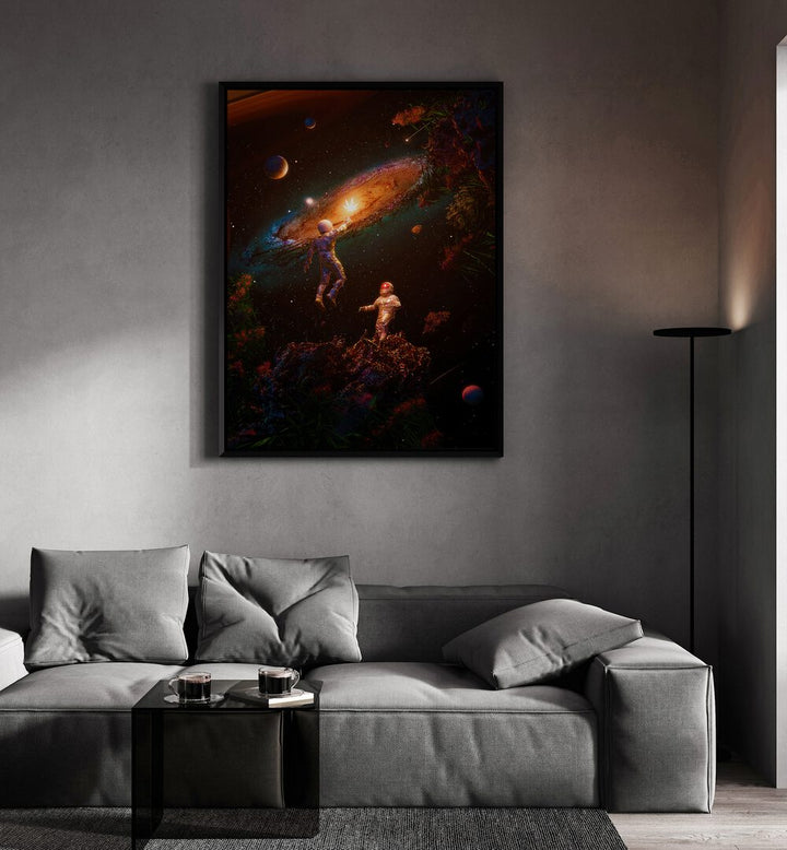 Follow The Light By Francis Minoza Astronaut & Nasa Paintings, Space Art Prints Artwork in Black Plain Frame placed on a Dark Grey Wall near a Grey Sofa in the Living Room