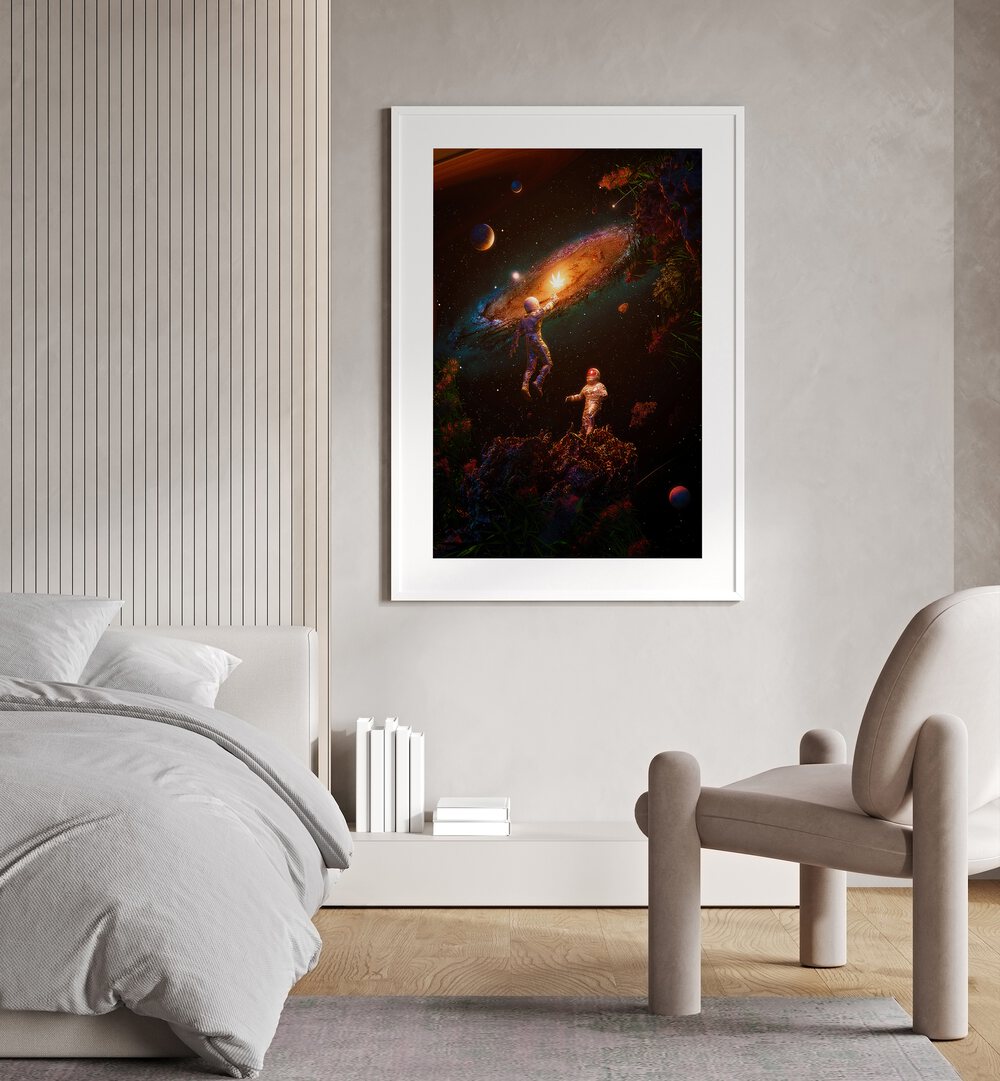 Follow The Light By Francis Minoza Astronaut & Nasa Paintings, Space Art Prints Artwork in White Frame With Mount placed on a Cream Colored Wall next to a Bed in the Bedroom
