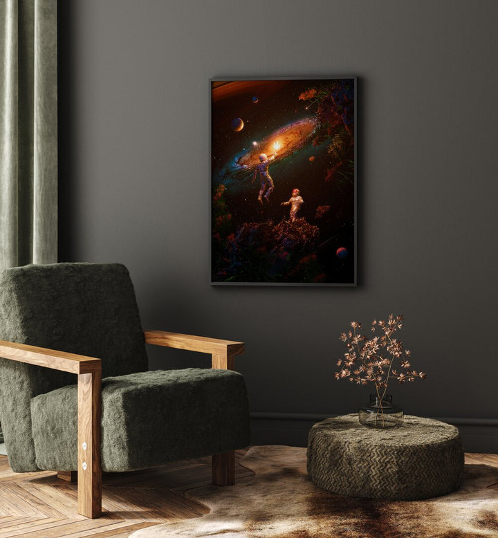 Follow The Light By Francis Minoza Astronaut & Nasa Paintings, Space Art Prints Artwork in Black Plain Frame placed on a Dark Grey Colored Wall in the Drawing Room
