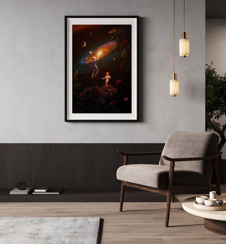 Follow The Light By Francis Minoza Astronaut & Nasa Paintings, Space Art Prints Artwork in Black Frame With Mount placed on a Beige Colored Wall in the Drawing Room
