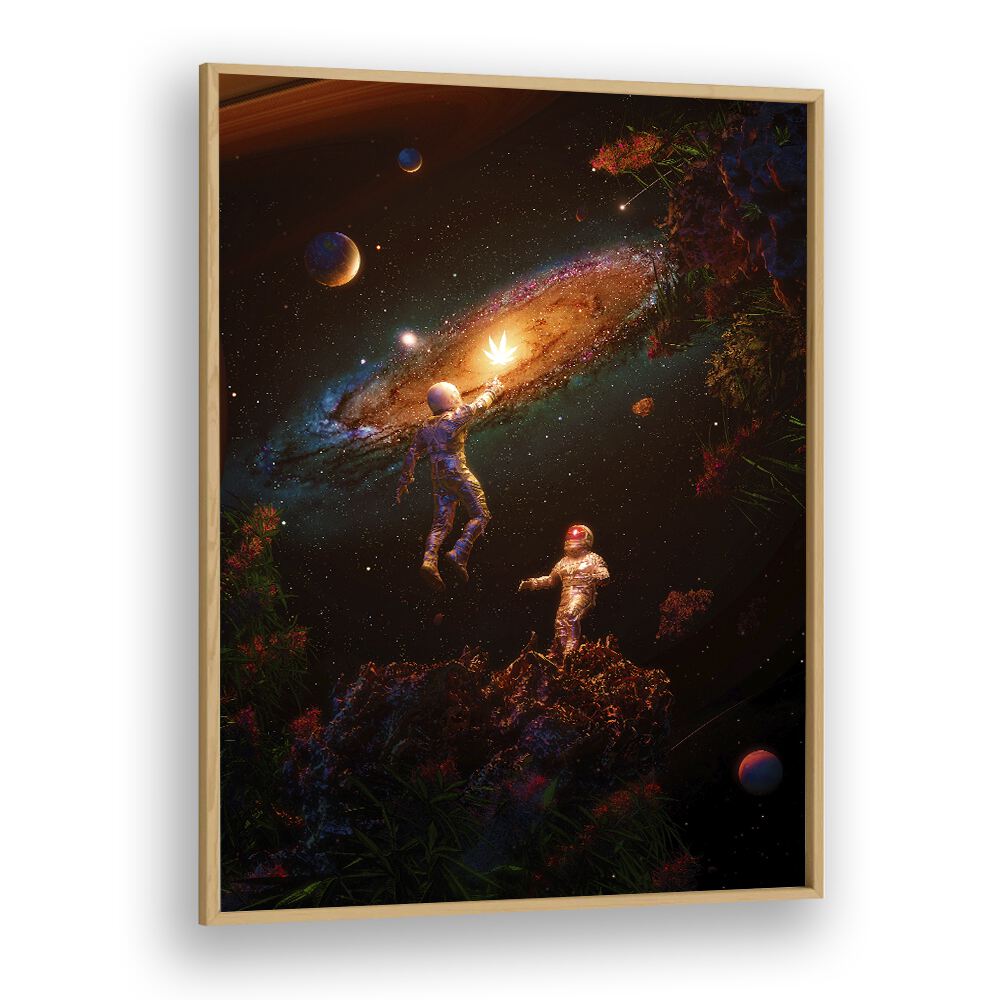 Follow The Light By Francis Minoza Astronaut & Nasa Paintings, Space Art Prints Artwork in Oak Wood Plain Frame
